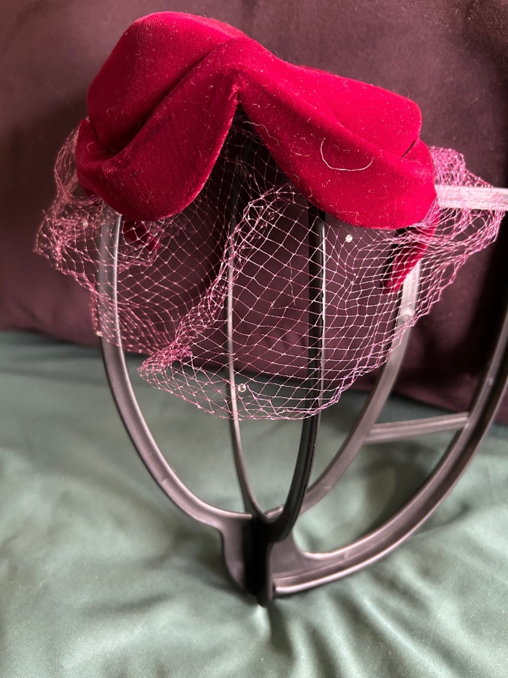 Vintage 1950s red velour beret with veil